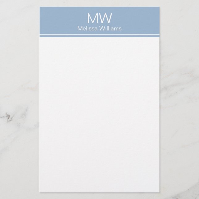 Simple Baby Blue and White Name with Monogram Stationery (Front)
