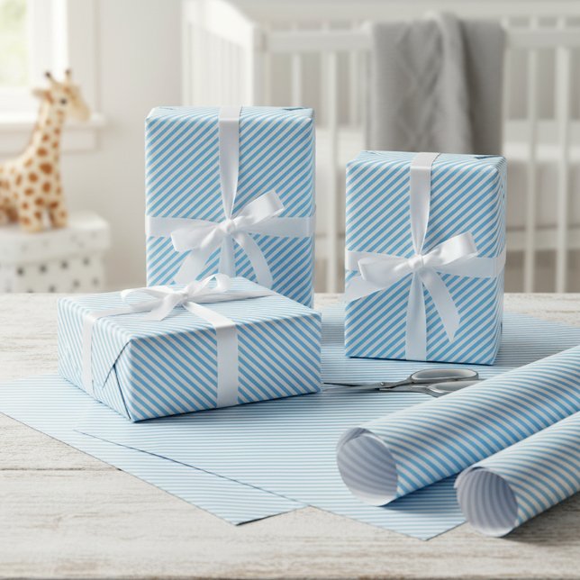 Simple Baby Blue White Diagonal Stripe Art Pattern Wrapping Paper (Creator Uploaded)