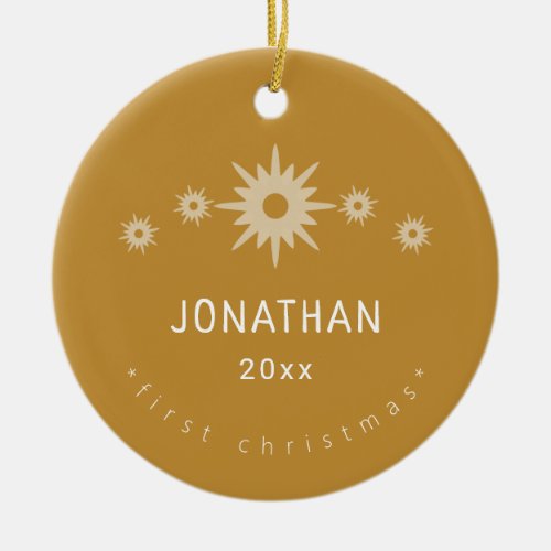 Simple Baby Boy First Christmas Gold Star Round Ceramic Ornament