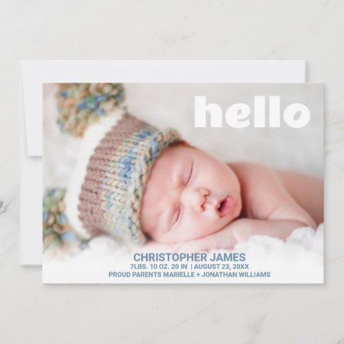 Simple Baby Boy Photo Blue Script Hello Birth Announcement