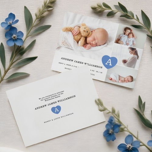 Simple Baby Boy Photo Collage Blue Monogram Heart Announcement