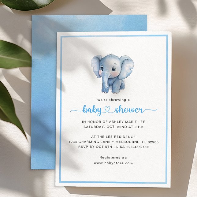 Simple Baby Boy Shower Watercolor Elephant  Invitation (Simple Elephant Baby Shower Invitation)