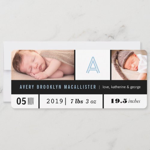 Simple Baby Boy Stats Blue Monogram 2 Photo Birth Announcement