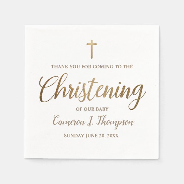 Simple Baby Christening Gold Cross Script Napkins (Front)