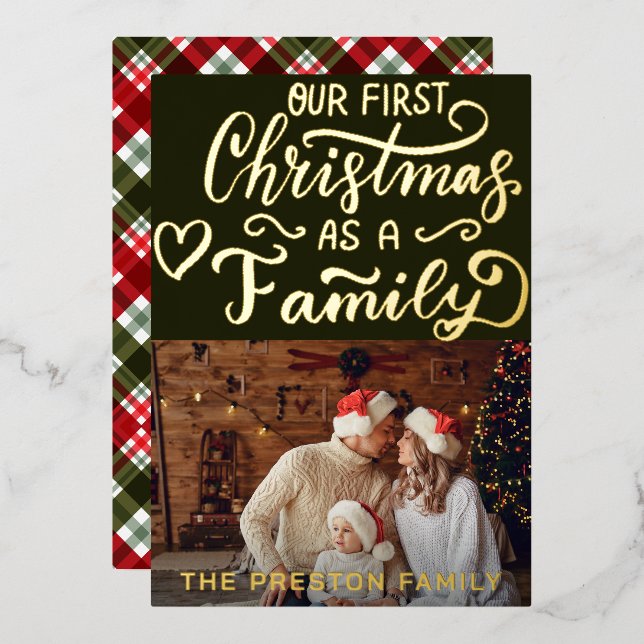 Simple Baby First Christmas Photo Collage Green Foil Holiday Card (Front/Back)