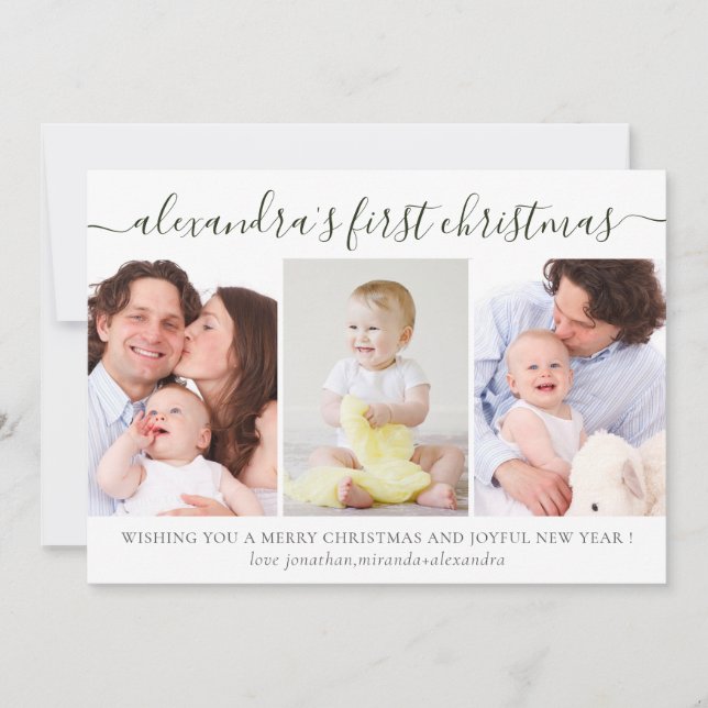 Simple Baby First Christmas Photo Collage Green Holiday Card (Front)