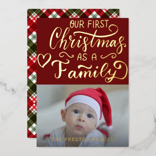 Simple Baby First Christmas Photo Collage Red  Foil Holiday Card