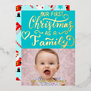 Simple Baby First Christmas Photo Collage Red  Foil Holiday Card
