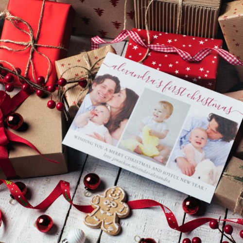 Simple Baby First Christmas Photo Collage Red Holiday Card