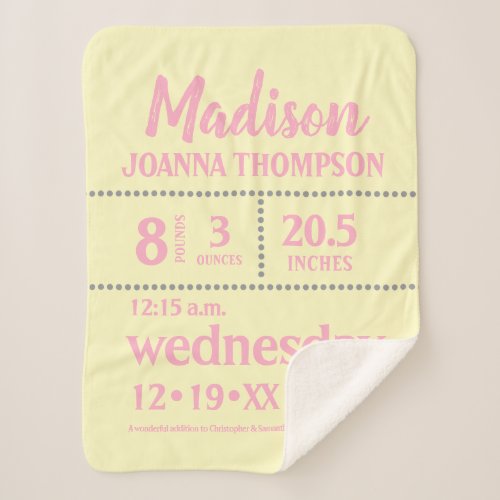 Simple Baby Girl birth Information Yellow Pink Sherpa Blanket