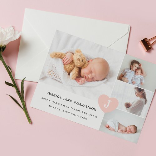 Simple Baby Girl Photo Collage Pink Monogram Heart Announcement