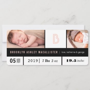 Simple Baby Girl Stats Pink Monogram 2 Photo Birth Announcement by fatfatin_box at Zazzle