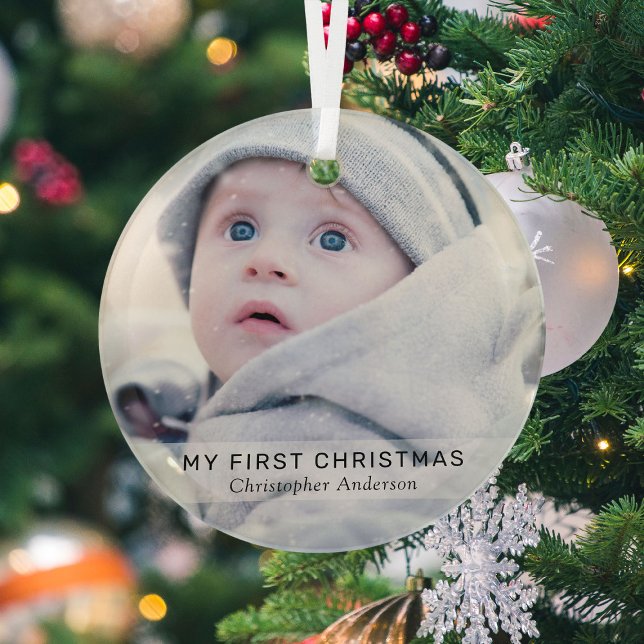 Simple Baby 'My First Christmas' Photo Keepsake  Glass Ornament (Creator Uploaded)