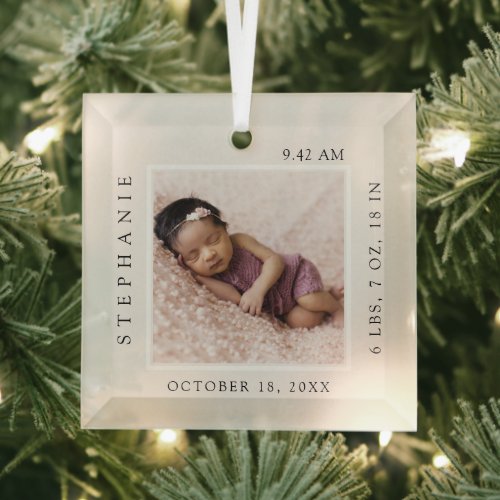 Simple Baby Name  Birth Stats Photo Keepsake Glass Ornament