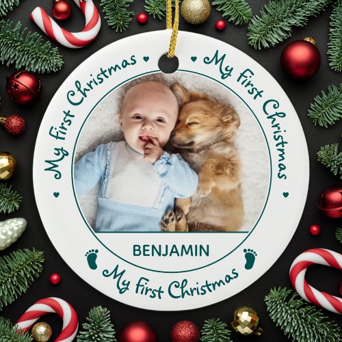 Simple Baby Personalized 1st Christmas Cute Photo Ceramic Ornament