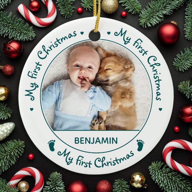 Simple Baby Personalized 1st Christmas Cute Photo Ceramic Ornament (Creator Uploaded)