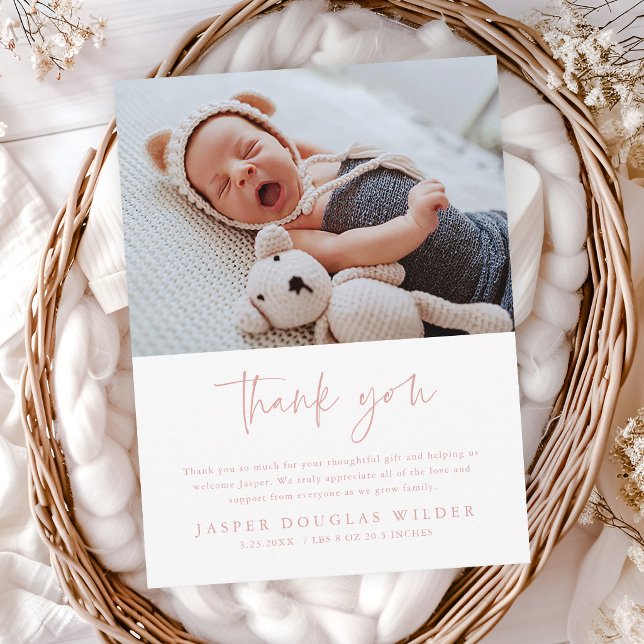 Simple Baby Photo Birth Stats Thank You Card (Minimal script baby photo thank you cards.)
