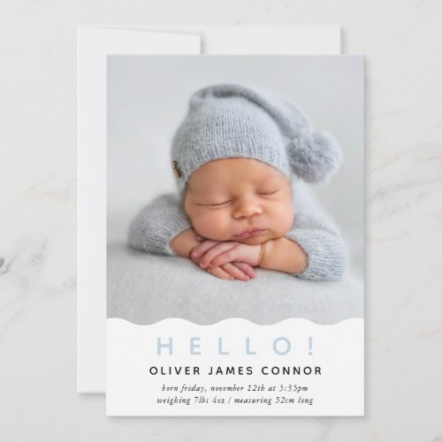 SIMPLE BABY PHOTO modern hello wavey edge blue Announcement