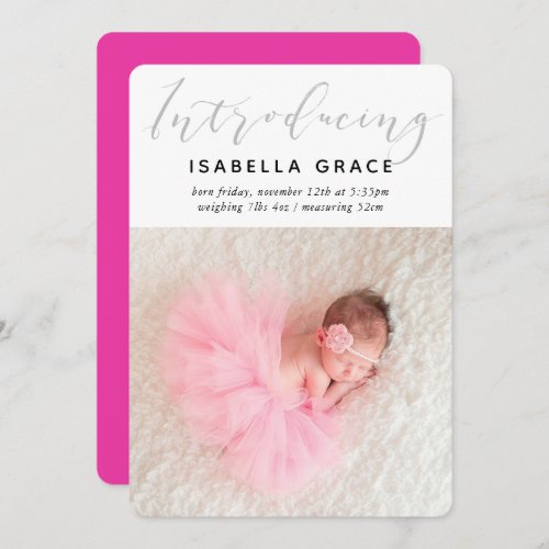 SIMPLE BABY PHOTO modern introducing girl pink Announcement