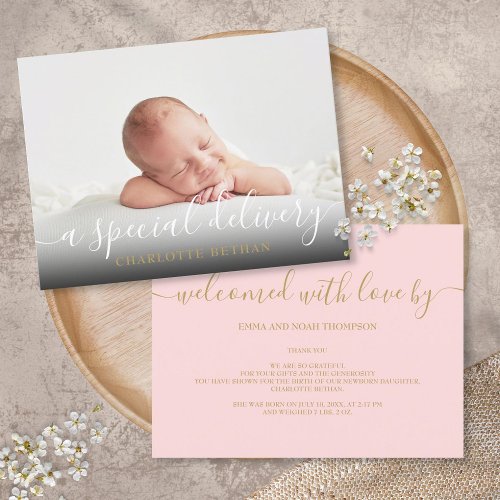 Simple Baby Photo Script Pink Girl  Birth  Announcement Postcard