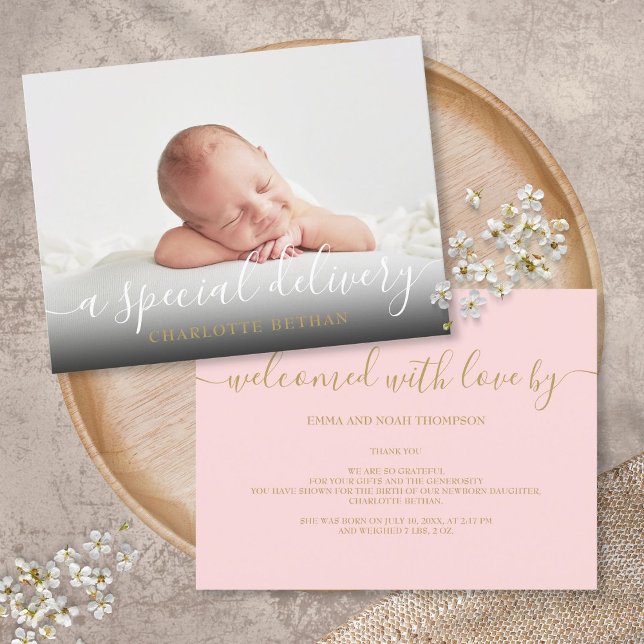 Simple Baby Photo Script Pink Girl  Birth  Announcement Postcard (Creator Uploaded)
