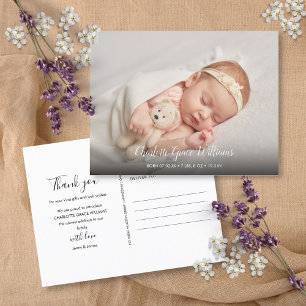 Simple Baby Photo Thank You Elegant Script Birth Announcement Postcard