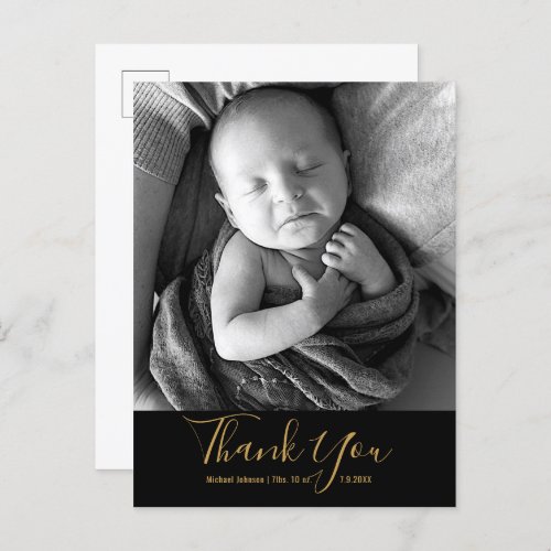 Simple Baby Photo Thank You Gold Script Birth Announcement Postcard