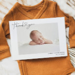 Simple Baby Photo Thank You Script Heart Birth Announcement<br><div class="desc">This stylish and simple photo birth template announcement 2-sided card features a photo of your newborn baby boy or girl, custom message that can be personalized, hand lettered typography text that says "Thank you" with a heart in-between the words. You can add a brief thank you message and the baby's...</div>
