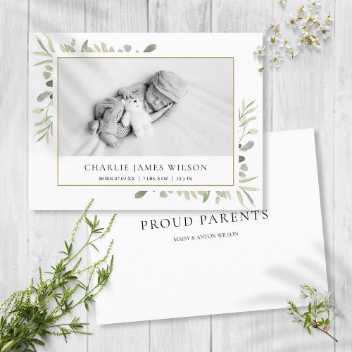 Simple Baby Photo Watercolor Greenery Birth  Announcement Postcard