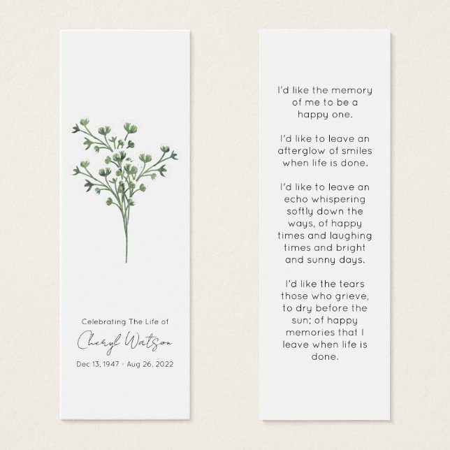 Simple Baby’s Breath Funeral Memorial Bookmark (Front & Back)