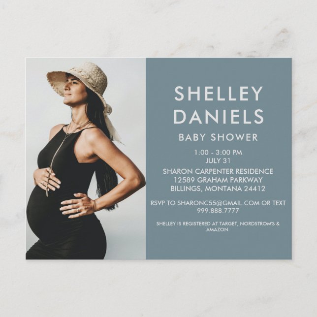 Simple Baby Shower B/W Photo Blue Invitation Postcard (Front)