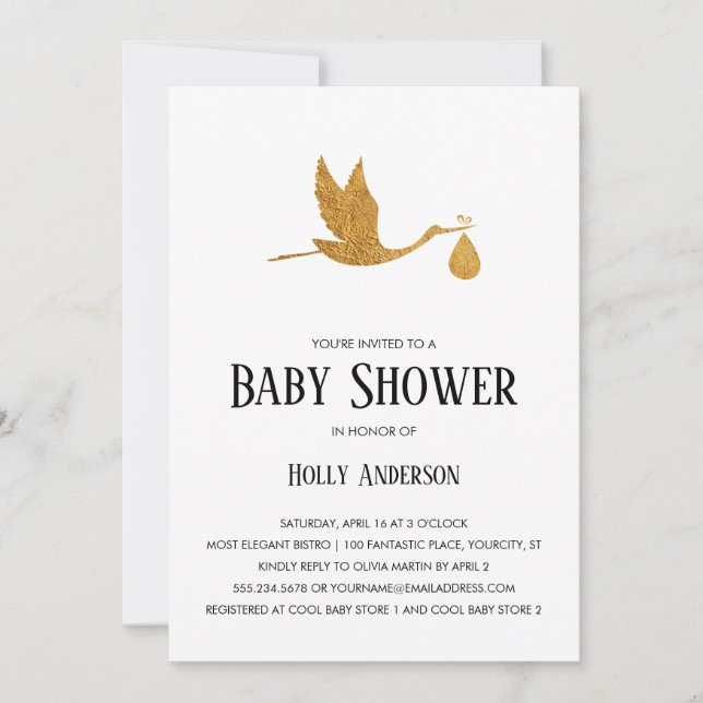 Simple Baby Shower Faux Gold Foil Stork w/ Bundle Invitation (Front)