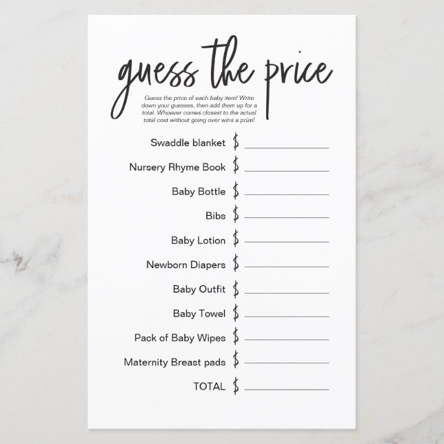 Simple Baby Shower Game Guess the Price  (Front)