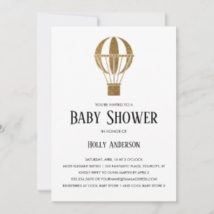 Simple Baby Shower Gold Glitter Hot Air Balloon Invitation