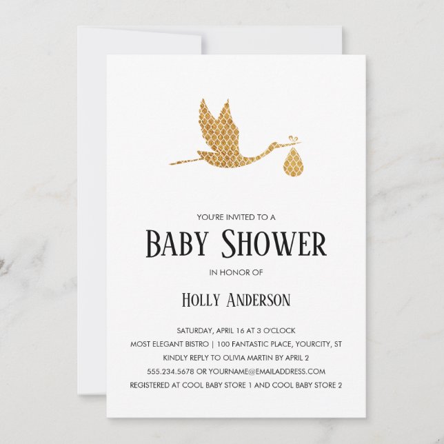 Simple Baby Shower Preppy Gold Stork w/ Bundle Invitation (Front)
