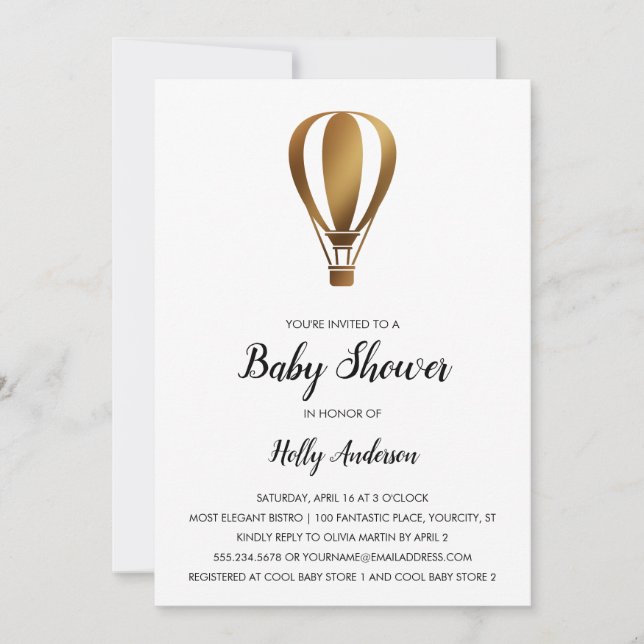 Simple Baby Shower Smooth Gold Hot Air Balloon Invitation (Front)