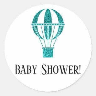 Simple Baby Shower Teal Glitter Hot Air Balloon Classic Round Sticker