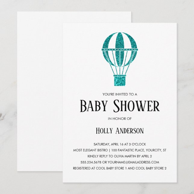Simple Baby Shower Teal Glitter Hot Air Balloon Invitation (Front/Back)