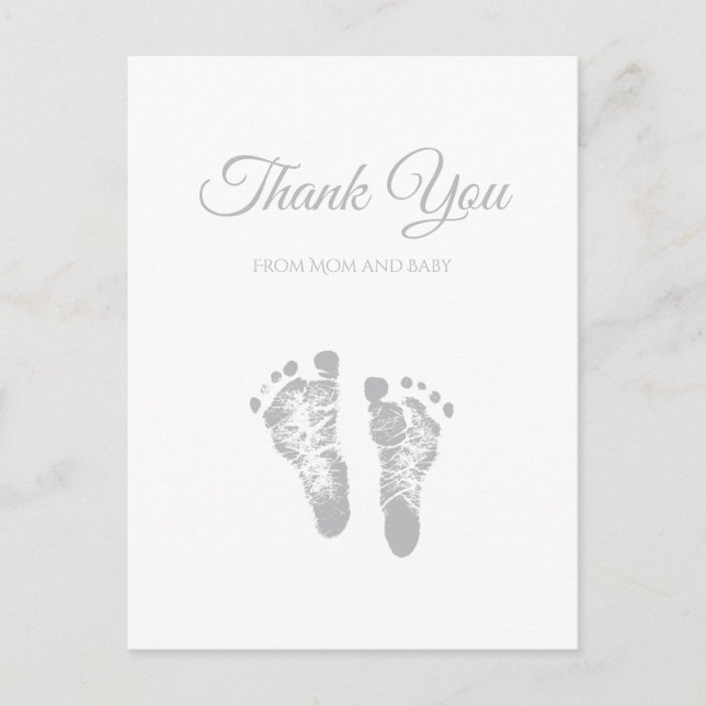 Simple Baby Shower Thank You Modern Gray Footprint Postcard (Front)