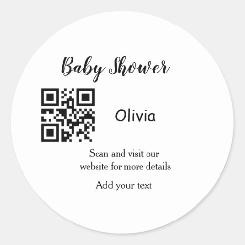 Simple baby shower website barcode QR add name det Classic Round Sticker