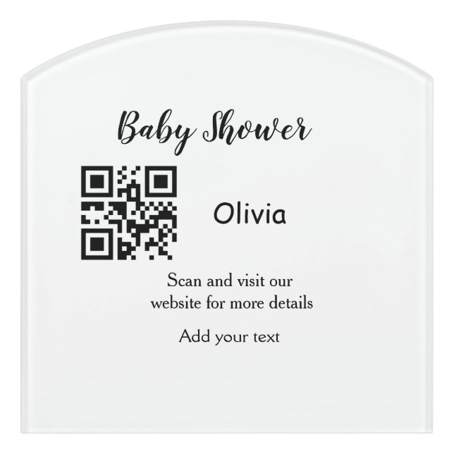 Simple baby shower website barcode QR add name det Door Sign (Contour Front)