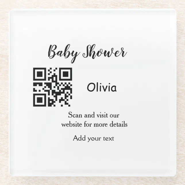 Simple baby shower website barcode QR add name det Glass Coaster | Zazzle