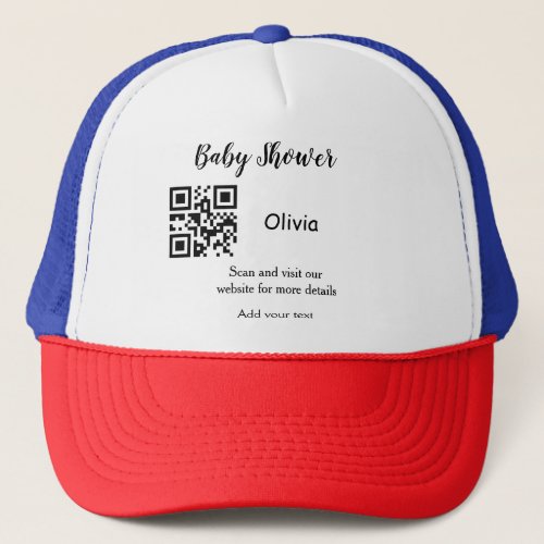 Simple baby shower website barcode QR add name det Trucker Hat