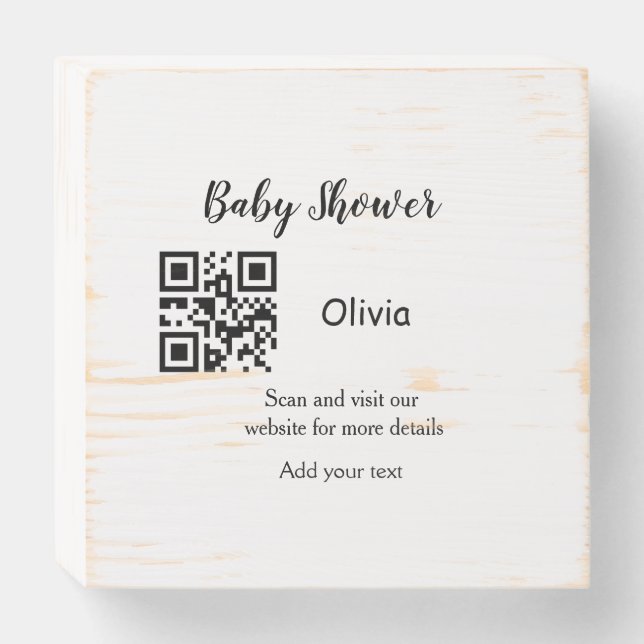 Simple baby shower website barcode QR add name det Wooden Box Sign (Front Horizontal)