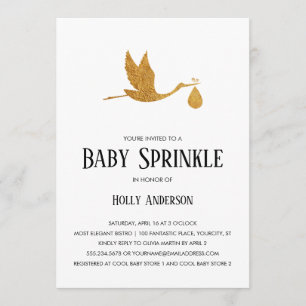 Simple Baby Sprinkle Faux Gold Foil Stork w Bundle Invitation