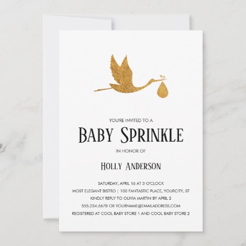 Simple Baby Sprinkle Faux Gold Foil Stork w Bundle Invitation
