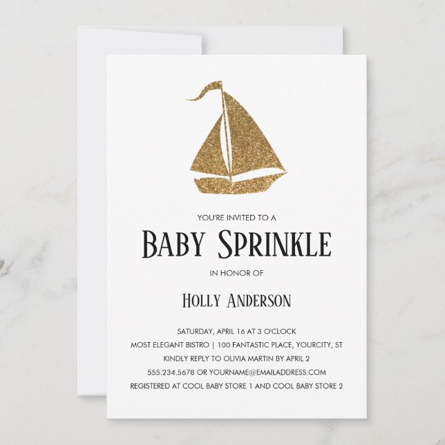 Simple Baby Sprinkle Faux Gold Glitter Sailboat Invitation (Front)