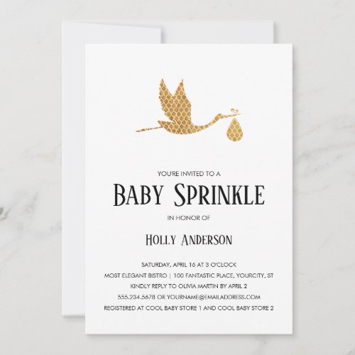 Simple Baby Sprinkle Preppy Gold Stork w Bundle Invitation