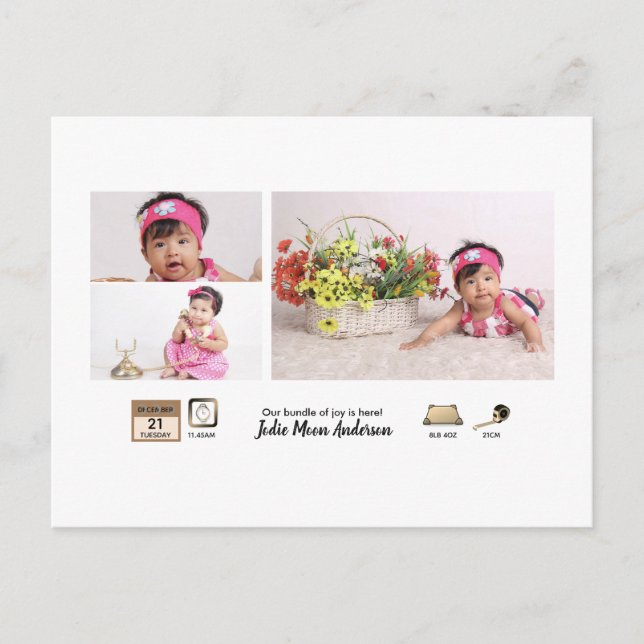 Simple BABY STATS Photo Collage Announcement Postcard (Front)