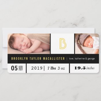 Simple Baby Stats Yellow Monogram 2 Photo Birth Announcement by fatfatin_box at Zazzle